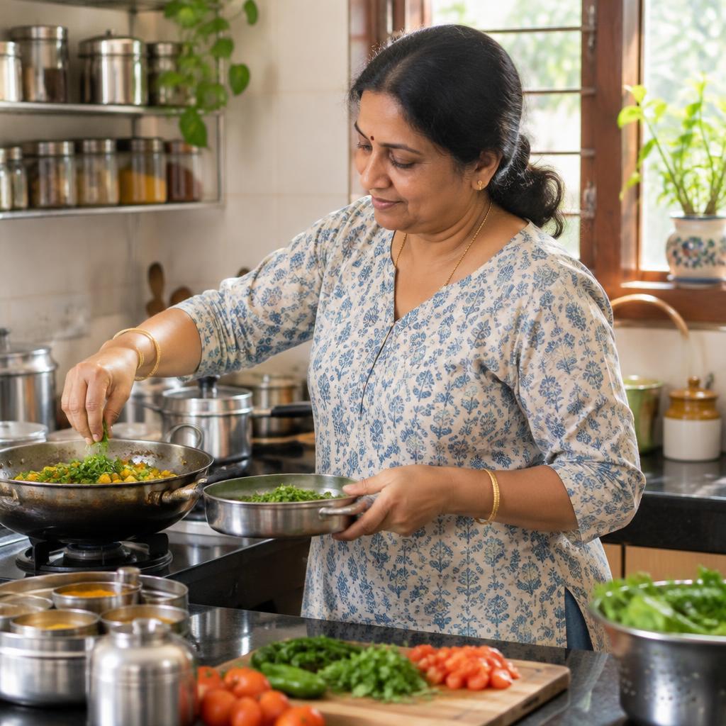 An Indian woman preparing everyday home-cooked food