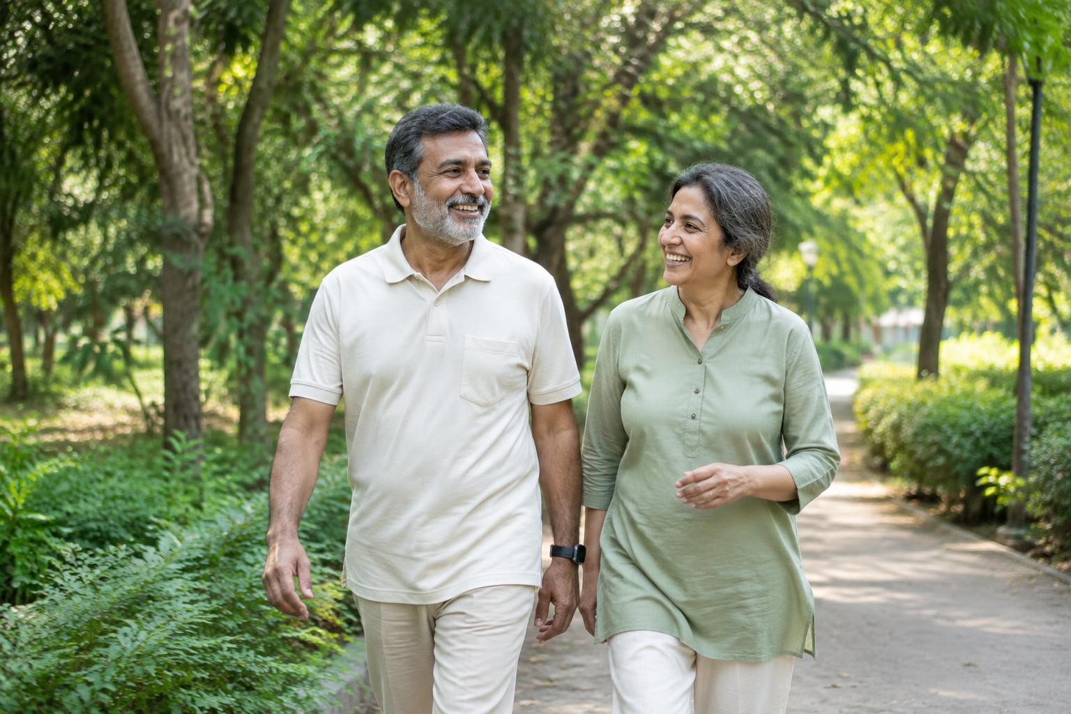 An Indian couple enjoying a morning walk